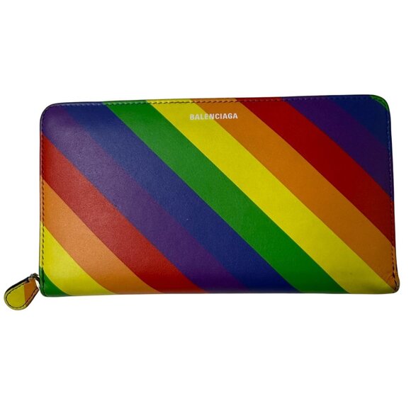 Balenciaga Handbags - BALENCIAGA Smooth Calfskin Logo Rainbow Ville Continental Zip Around Wallet